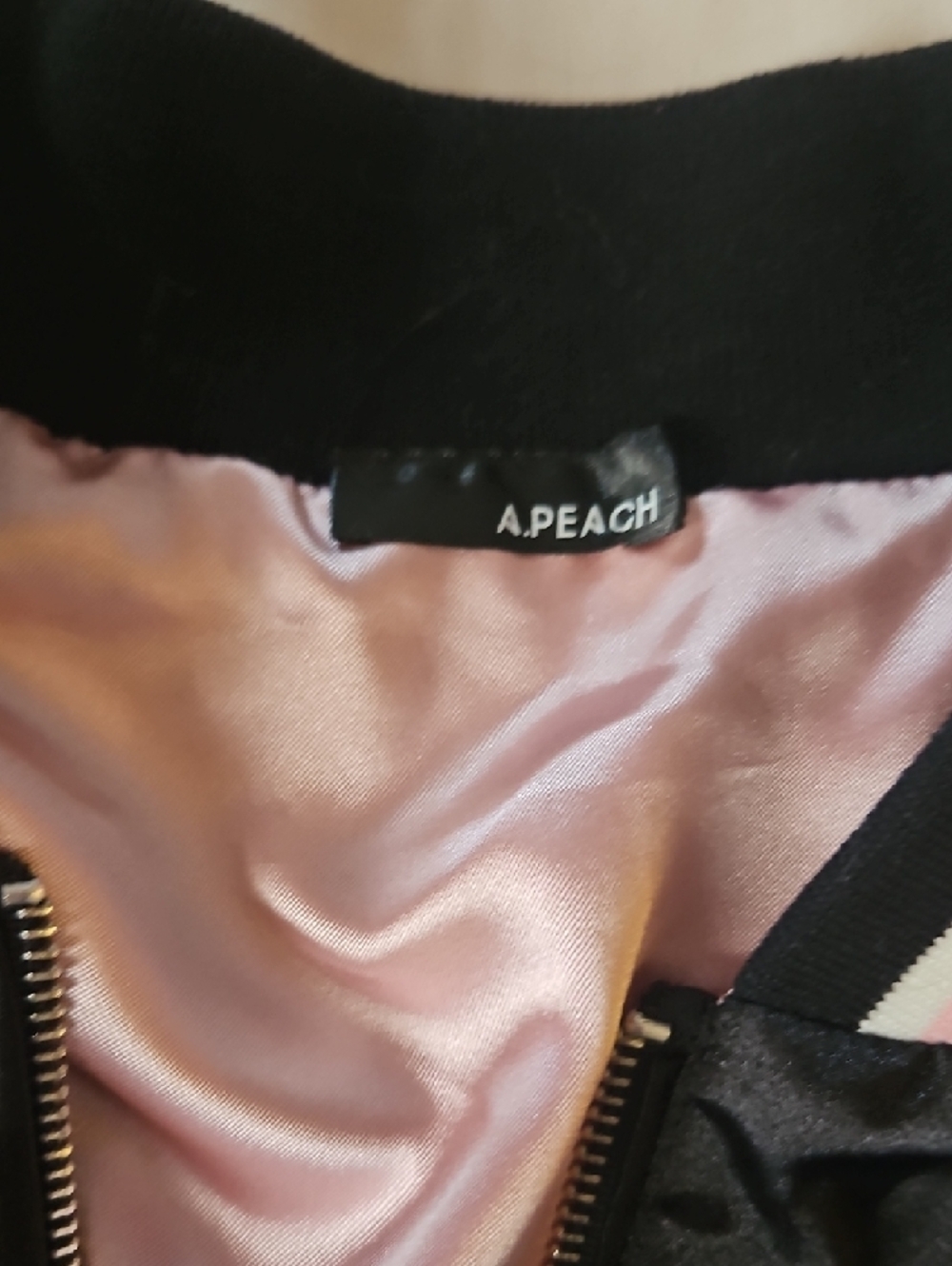 Floral Embroidered Black Satin Bomber Jacket with Pink Accents/ Reversable - Picture 2 of 10
